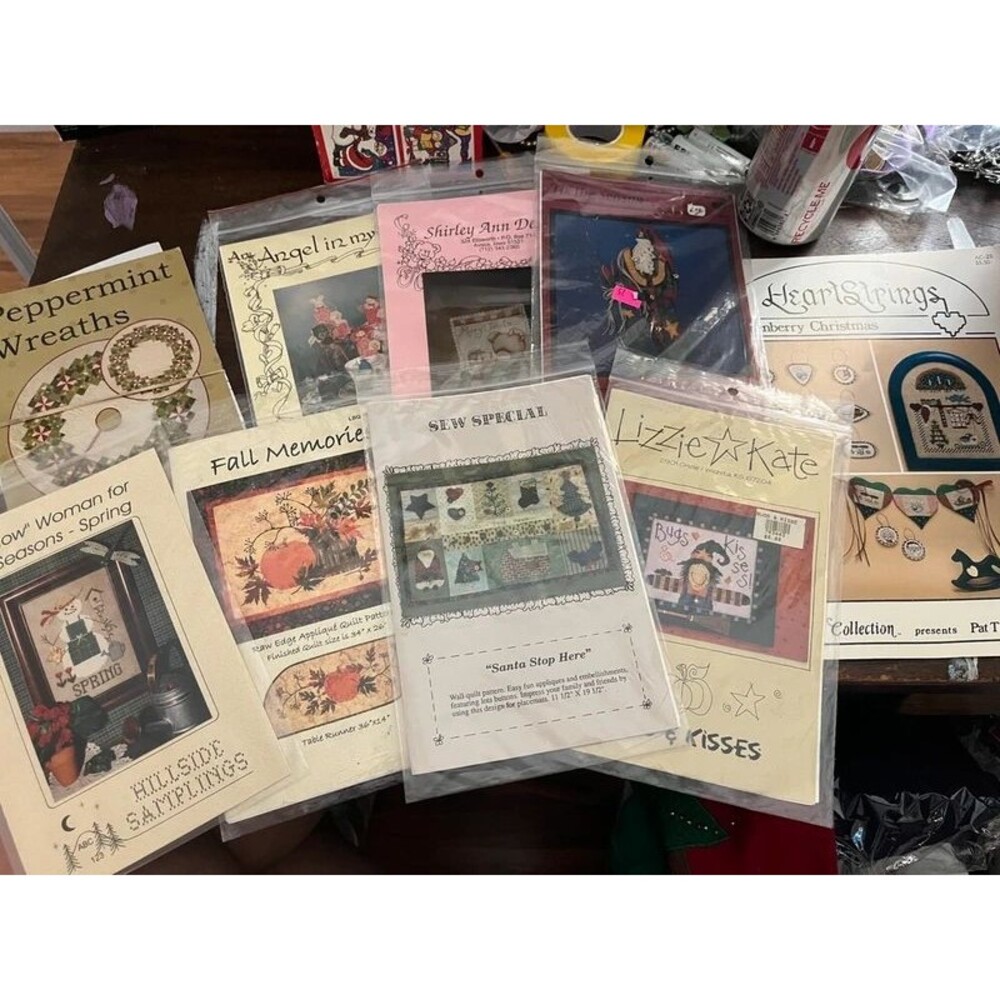 Lot of Hillside Samplings, Lizzie Kate, and All Through the Night Quilt & Cross